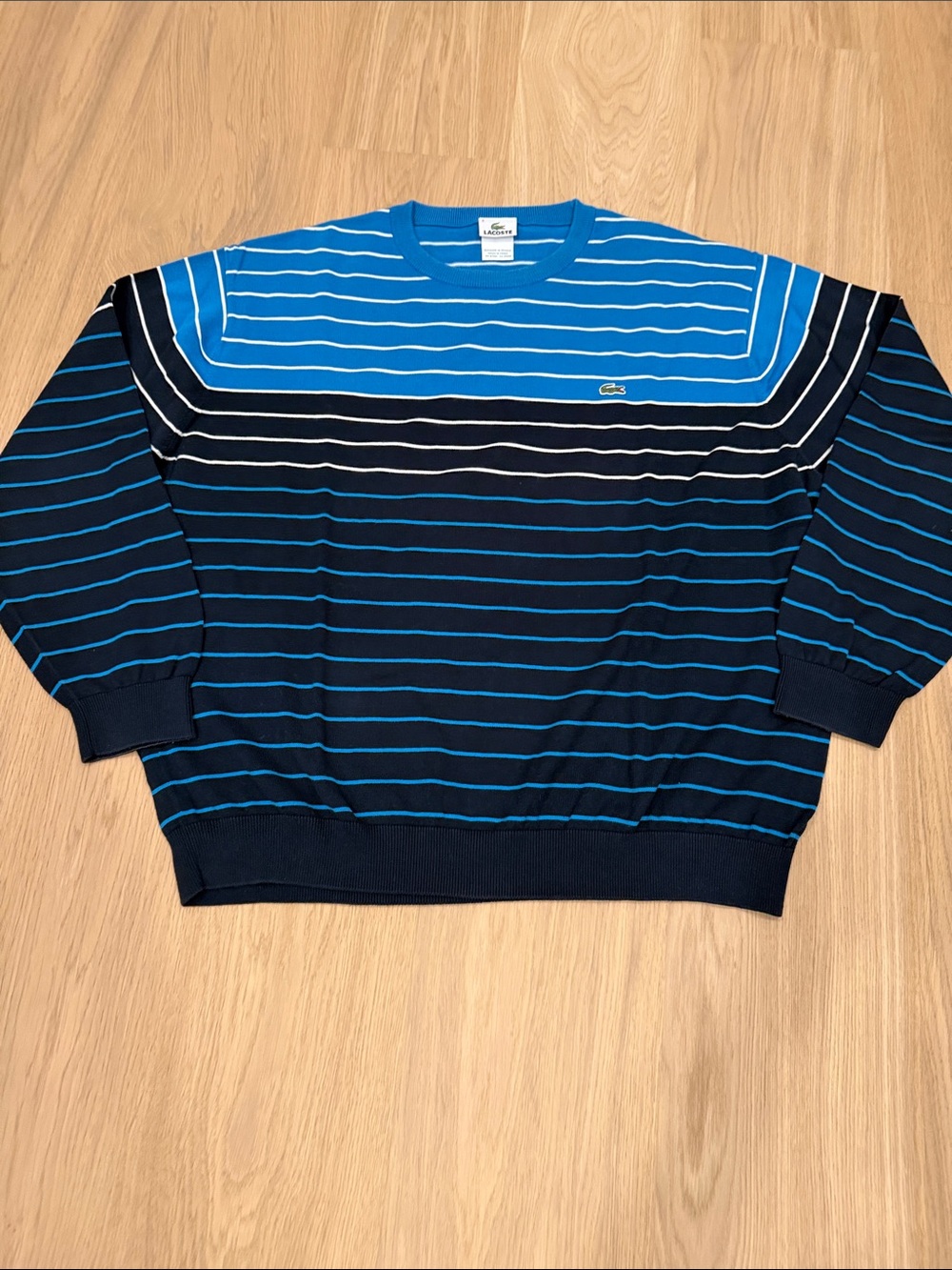 Lacoste Men's Navy and Bright Blue Striped Crewneck Sweater